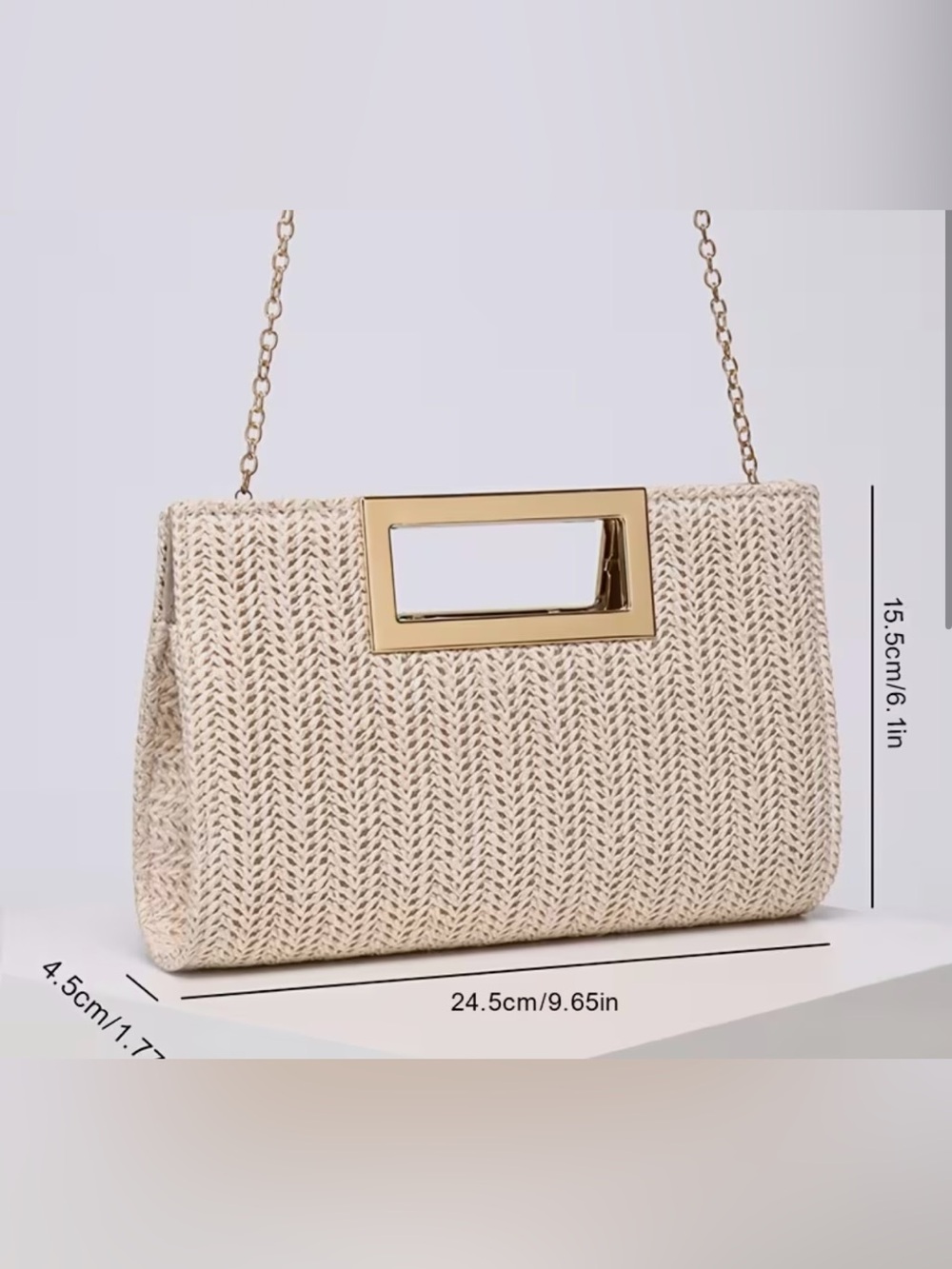 Woven Beige Knit Clutch with Gold Accent - Picture 4 of 7